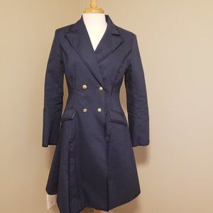 SJP Manhattan Grosgrain Trim Double Breasted Skirted Navy Trench Coat